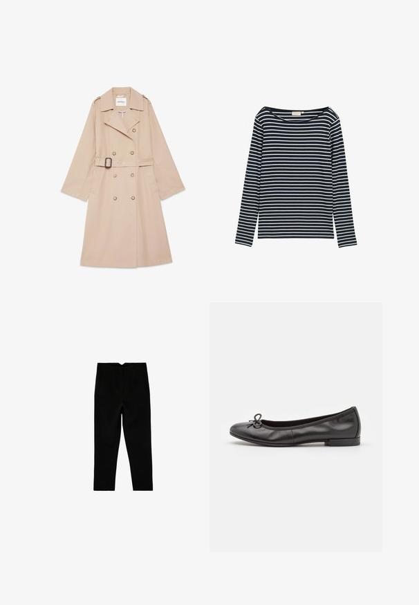 Beige dobbeltradet trenchcoat med bælte, brede slag, skulderklaffer og sidelommer, lagt fladt på hvid baggrund.; Marineblå og hvid stribet langærmet skjorte med en bred halsudskæring, lavet af et blødt materiale, med jævnt fordelte vandrette striber.; Sorte skræddersyede ankelkorte bukser med sidelommer og let tilspidset ben, vist fladt på en hvid baggrund.; Sorte læder balletflade sko med rund tå, en lille sløjfedetail på fronten og en lav, rektangulær hæl. Glat tekstur.