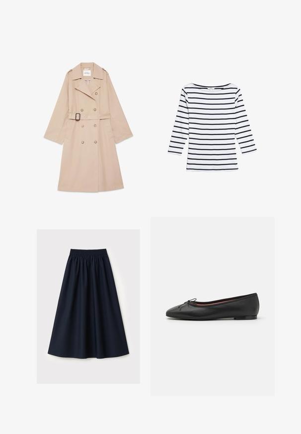 Trench-coat beige croisé avec ceinture, larges revers, épaulettes et poches latérales, posé à plat sur fond blanc.; Marks & Spencer STRIPED SLASH NECK - T-shirt à manches longues - white mix; Jupe bleu marine en tissu lisse, dotée d'une ceinture élastique, d'une coupe évasée et d'une longueur au genou. Aucun motif ni accent visible.; Ballerines en cuir noir avec un bout arrondi, détail de nœud à l'avant et un talon bas et plat. Texture lisse et design épuré.