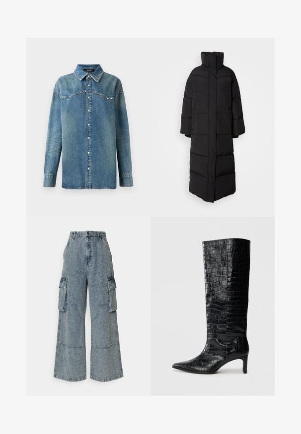 Lange, zwarte pufferjas met een hoge kraag, brede mouwen en verticale gewatteerde delen, met een strakke, gesloten voorkant.; Blauwe denim overhemd met lange mouwen, drukknoopsluiting, puntige kraag en strass-details langs de schouderpas en kraagranden.; Lichtblauwe wijde denim cargo-broek met voor- en zijzakken, een textuurafwerking en zichtbare stikseldetails.; Zwarte knielaarzen met een glanzende, krokodillenpatroonstructuur, een puntige neus en een taps toelopende hak. Gladde synthetische materiaal.