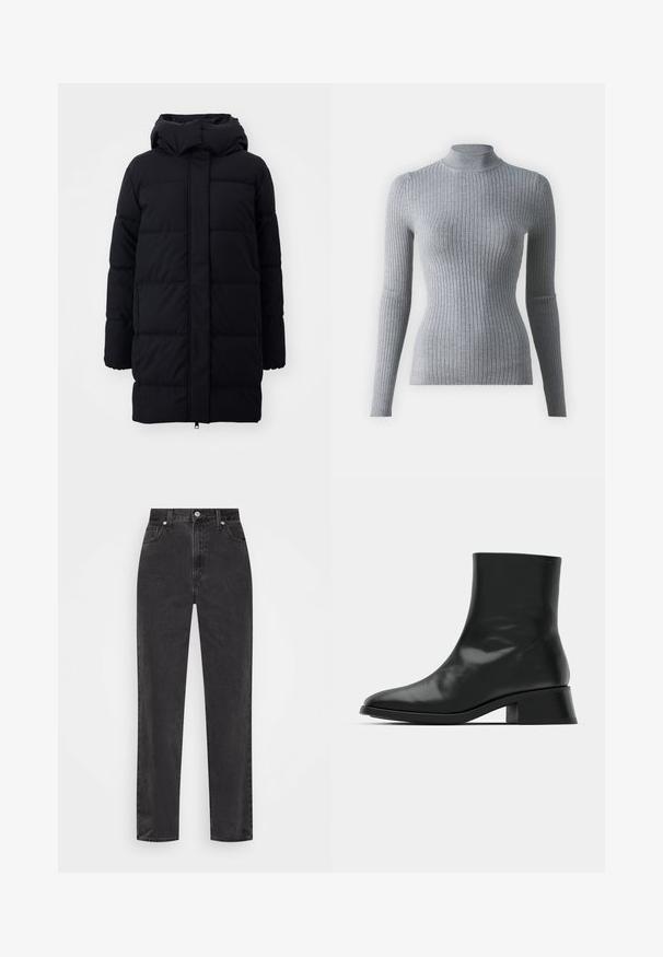 Manteau en duvet noir avec capuche, présentant une texture lisse, un design matelassé et une fermeture éclair à l'avant. Tombe jusqu'à mi-thigh.; Pull en maille à col roulé gris côtelé avec des manches longues. Présente un design ajusté et un col haut pour plus de chaleur.; Jeans en denim noir à jambe droite avec taille haute, bouton et fermeture éclair à l'avant, et style cinq poches sur fond blanc.; Bottine noire en cuir brillant, au design épuré, avec un bout pointu et un petit talon bloc pour plus de stabilité.