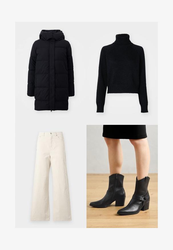 Abrigo acolchado negro con capucha, que presenta una textura suave, diseño acolchado y cremallera frontal. Llega hasta la mitad del muslo.; Suéter de cuello alto de punto oscuro con un diseño recortado, que presenta puños y dobladillo acanalados, y una textura tejida en todo su cuerpo.; Pantalones de pernera ancha beige, hechos de algodón, con cierre de botón en la parte frontal, bolsillos laterales y una textura suave. Diseño minimalista sin patrones.; Botines de cuero negro con punta afilada, cierre de cremallera, tacón curvado y una correa decorativa con detalles metálicos.