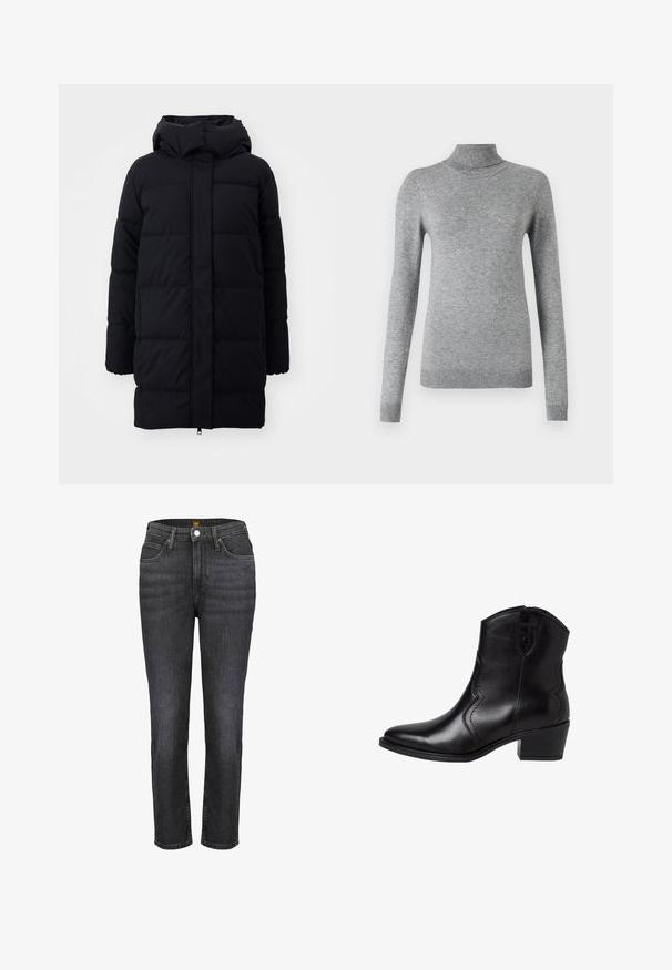Schwarze Puffjacke mit Kapuze, verfügt über eine glatte Textur, gestepptes Design und einen Frontreißverschluss. Fällt bis zur Mitte des Oberschenkels.; Grauer Rollkragenpullover aus weichem Material, mit langen Ärmeln, gerippten Bündchen und einer figurnahen Passform mit glatter Textur.; Dunkelblaue Jeans mit schlankem geradem Schnitt, hohem Bund, fünf Taschen, Knopfverschluss und subtiler Ausbleichung, mit Kontrastnähten.; Schwarze Leder-Stiefeletten mit einer spitzen Zehenform, geschwungenen Seitennähten und einem niedrigen Blockabsatz. Verfügt über einen Reißverschluss und eine glatte Textur.