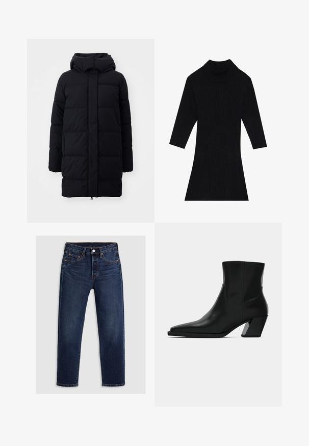 Manteau en duvet noir avec capuche, présentant une texture lisse, un design matelassé et une fermeture éclair à l'avant. Tombe jusqu'à mi-thigh.; Robe en tricot côtelé noir avec un col montant et des manches trois-quarts, présentant une silhouette ajustée qui s'évase au niveau de l'ourlet.; Jean en denim bleu foncé avec une coupe droite. Comprend une fermeture éclair avec un bouton, cinq poches et des coutures contrastantes.; Bottine en cuir noir avec un bout pointu, une silhouette élégante et un talon carré massif. Texture lisse avec des détails de couture minimalistes.