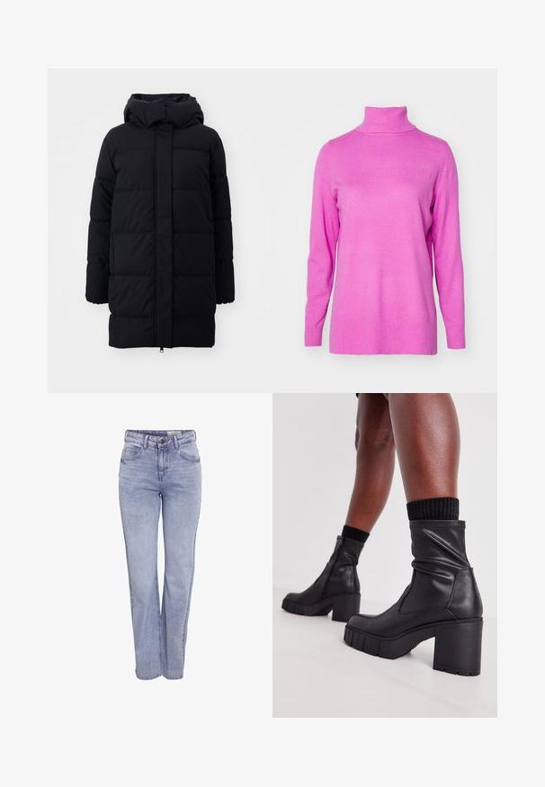 Schwarze Puffjacke mit Kapuze, verfügt über eine glatte Textur, gestepptes Design und einen Frontreißverschluss. Fällt bis zur Mitte des Oberschenkels.; ONLY ONLIBI LONG SLIT ROLLNECK - Strickpullover - super pink; Helle blaue Gerade geschnittene Jeans aus Denim, mit Knopfverschluss, fünf Taschen und dezentem Verblassen an Vorder- und Rückseite.; Schwarze Lederstiefeletten mit einem lässigen Design, klobigem hohen Absatz und strukturiertem Gummisohle. Mit einem Reißverschluss an der Seite.