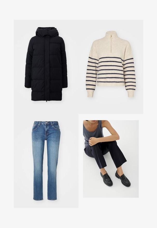 Manteau en duvet noir avec capuche, présentant une texture lisse, un design matelassé et une fermeture éclair à l'avant. Tombe jusqu'à mi-thigh.; Tricot beige avec des rayures horizontales bleu marine, col montant et fermeture éclair demi-longueur. Fabriqué en tissu tricoté texturé, avec des poignets côtelés.; Jean en denim bleu avec une coupe droite, présentant un design classique à cinq poches et une finition légèrement délavée. Les détails incluent une fermeture à bouton et une fermeture éclair.; Mocassins en cuir noir avec accents texturés, talon bas, bout arrondi, et coutures visibles. Modèle portant un pantalon sombre et un haut gris.