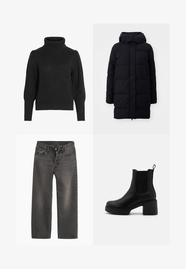 Sort pufferjakke med hætte, der har en glat overflade, quiltet design og frontlynlås. Falder til midt på låret.; Sort strikket sweater med en høj, ribbet halsudskæring. Har dropped shoulders og ribbede manchetter ved de lange ærmer, tekstureret stof.; Sorte denimjeans med lige ben, høj talje og knaplukning. Har subtil falmning og kontrastsyninger.; Sort ankelstøvle med en glat læderfinish, elastiske sidedele og en chunky rektangulær hæl. Har en løkke til nem påtagning.