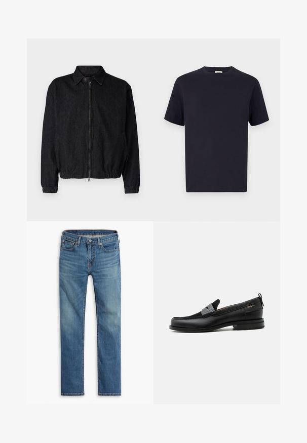 Veste en denim noir avec col, fermeture éclair à l'avant, ourlet et poignets élastiques, et poches latérales. Design épuré sans logos visibles.; T-shirt en coton bleu marine avec un col rond, des manches courtes et une coupe décontractée ; texture lisse ; sans motifs ni quincaillerie visibles.; Jeans en denim bleu à jambe droite avec fermeture à bouton et à zipper à l'avant, design à cinq poches et décoloration subtile sur les cuisses et les genoux.; Mocassin en cuir noir avec détail de bride grise, talon bas et semelle texturée, marqué "HUGO" en or sur le côté.