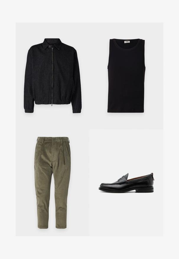 Sort denimjakke med krave, frontlynlås, elastisk kant og manchetter samt sidelommer. Renset design uden synlige logoer.; Sort sansædet tanktop lavet af blød bomuld. Har en rund halsudskæring og lige pasform, med minimal syningdetalje.; Olivengrønne fløjlsbukser med afslappet pasform, der har folder, elastisk talje og tapered ben. Struktureret stof med lodrette ribber.; Sort læder herre loafer med moc-tå syning, penny strop, struktureret krave og lav stablet hæl på hvid baggrund.