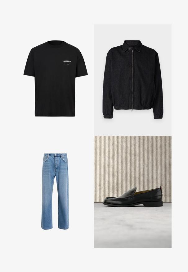 Sort denimjakke med krave, frontlynlås, elastisk kant og manchetter samt sidelommer. Renset design uden synlige logoer.; Sort bomulds t-shirt med korte ærmer og rund hals. Har hvid tekst "ALLSAINTS" og "LONDON" på venstre brystområde.; Lyseblå denim jeans med lige ben-design, fem lommer, knaplukning, minimal falming og kontraststingdetaljer.; Sort læder herreloafer med krokodillepræget forstykke og lav hæl, vist i profil på en neutral baggrund.