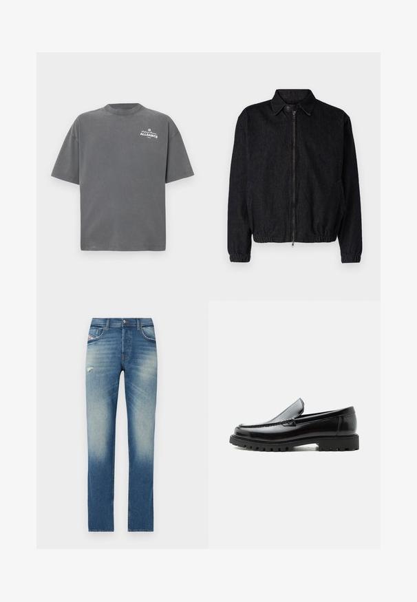 Sort denimjakke med krave, frontlynlås, elastisk kant og manchetter samt sidelommer. Renset design uden synlige logoer.; Mørkegrå T-shirt med korte ærmer og rund hals med lille hvid "ALLSAINTS"-logo på øverste venstre bryst.; Blå denim jeans med lige ben design, featuring lys udvaskning, en lille slidtegn foran, og standard fem-lomme styling.; Sort læderloafer med chunky gummisål, syet overdel og præget mærkenavn på hælen, vist i sideprofil på hvid baggrund.