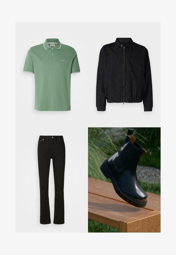 Sort denimjakke med krave, frontlynlås, elastisk kant og manchetter samt sidelommer. Renset design uden synlige logoer.; Grøn polo shirt lavet af bomuld, med krave, to-knaps placket og hvidkantede ærmer med diskret logo broderi.; Sorte denimjeans med lige ben-design, der har frontlommer, lynlåsgylpter og sølvfarvede hardware-detaljer. Glat tekstur, ingen mønstre.; Sorte læder chelsea støvle med glat finish, elastiske sidepaneler, rund tå og tyk gummisål, placeret ovenfor en træoverflade.