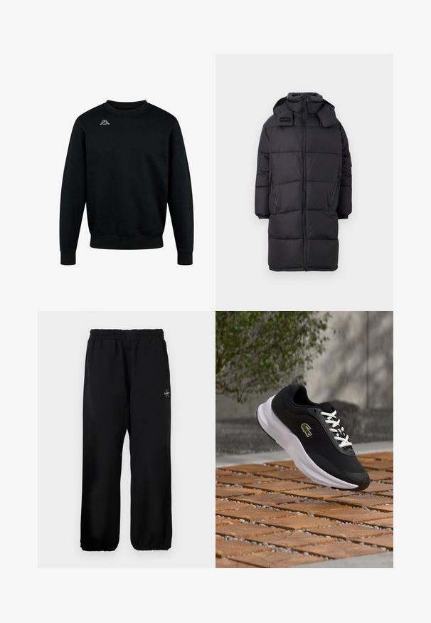 Manteau long noir rembourré avec col montant, capuche, fermeture éclair frontale, poches zippées sur le côté et logo HUGO sur le haut de la poitrine gauche.; Sweat-shirt noir à col rond, manches longues, avec un petit logo blanc Kappa sur le haut gauche de la poitrine.; Pantalons de survêtement noirs avec une taille élastique, des jambes amples et un petit logo sur le côté gauche. Texture de tissu lisse.; Chaussure de sport noire et blanche avec logo de crocodile, lacets blancs, suspendue au-dessus d'une surface extérieure en bois et galets avec un arrière-plan flou.