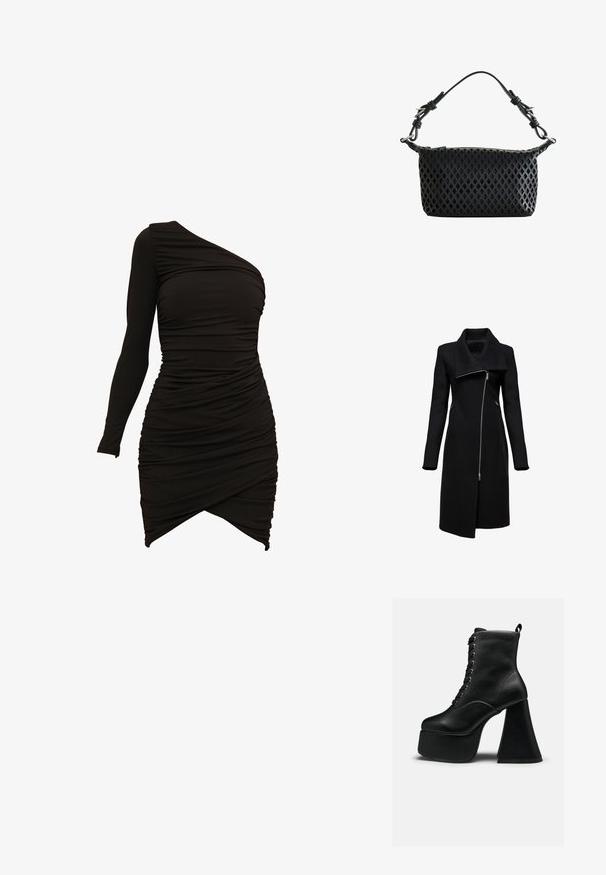 Manteau noir avec un col haut et une fermeture éclair asymétrique. Présente des manches longues, des poches latérales et une silhouette droite. Fabriqué à partir d'un matériau texturé.; Robe noire à une épaule en matériau extensible, dotée de détails froncés et d'un ourlet asymétrique pour une silhouette ajustée.; Bottine à plateforme noire avec laçage à l'avant et large talon bloc, texture cuir lisse et languette à l'arrière.; Sac à main noir avec motif de découpes en forme de losange, courte bandoulière ajustable et détails de boucle argentée sur fond blanc.
