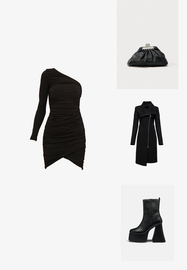 Abrigo negro con cuello alto y cierre de cremallera asimétrico. Presenta mangas largas, bolsillos laterales y una silueta recta. Fabricado con material texturizado.; Vestido negro de un solo hombro, confeccionado en material elástico, con detalles fruncidos y un dobladillo asimétrico que proporciona una silueta ajustada.; Botín de cuero negro con suela de plataforma gruesa y tacón alto ancho acampanado, textura lisa y pequeño logo cerca del borde superior.; Bolso de mano de cuero negro con diseño fruncido, cierre de herrajes plateados y correa de cadena. Marca sutil grabada en relieve en la parte delantera.