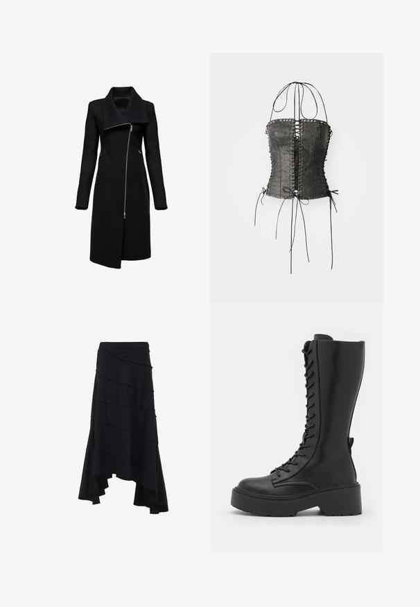 Zwarte jas met een hoge kraag en asymmetrische ritsluiting. Beschikt over lange mouwen, zijzakken en een rechte silhoehette. Gemaakt van gemêleerd materiaal.; Jaded London LONGLINE LACE UP HALTER CORSET - Top - black; Zwarte asymmetrische rok met gelaagde ruches en een elastische tailleband. Heeft subtiele streepjes en een vloeiende textuur.; Zwarte kniehoog laarzen met veter, voorzien van een chunky platformzool, een gladde leren afwerking en verstevigde stiksels langs de naden.