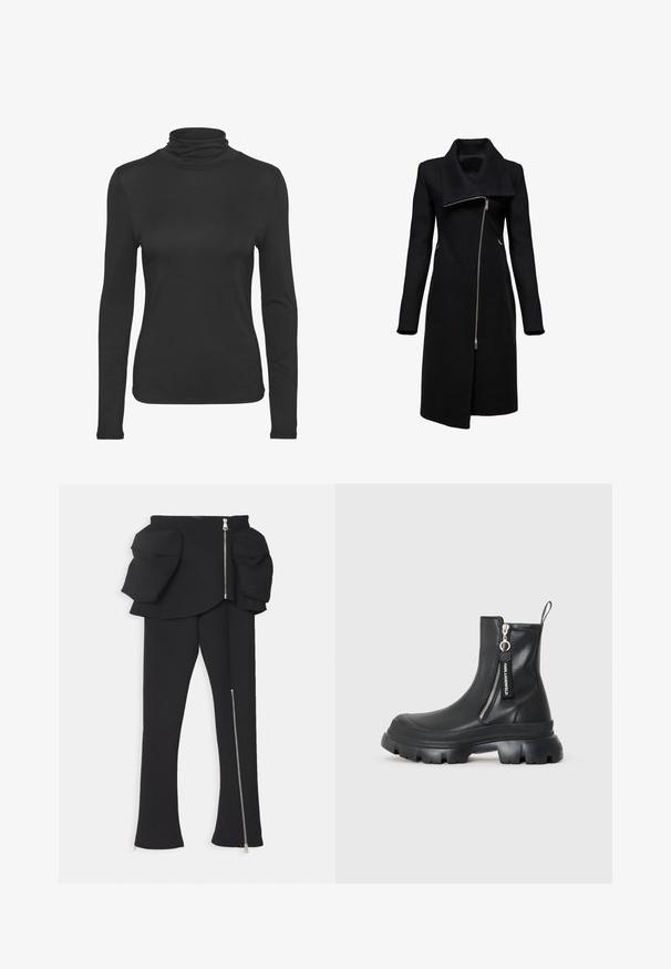 Zwarte jas met een hoge kraag en asymmetrische ritsluiting. Beschikt over lange mouwen, zijzakken en een rechte silhoehette. Gemaakt van gemêleerd materiaal.; Zwarte lange mouw turtleneck shirt gemaakt van glad, rekbaar materiaal. Heeft een aansluitend ontwerp en een klassieke hoge kraag.; A.W.A.K.E. MODE BASQUE PANTS WITH ZIPS AND LARGE POCKETS - Broek - black; KARL LAGERFELD TREKKA MAX - Enkellaarsjes met sleehak - black
