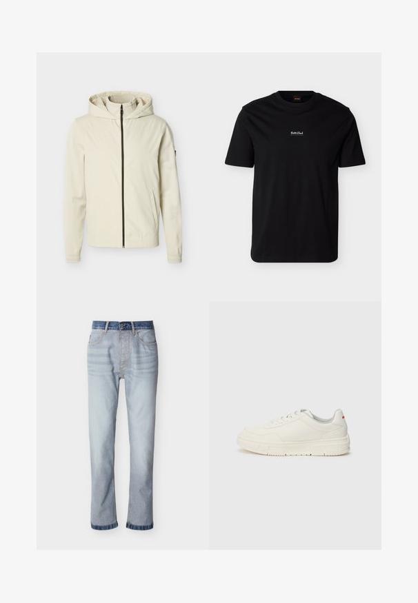 Cremefarbige Kapuzenjacke mit durchgehendem Frontreißverschluss und seitlichen Taschen, vor einfachem Hintergrund präsentiert.; Schwarzes T-Shirt mit kurzen Ärmeln und Rundhalsausschnitt, mit kleinem weißen "Boss Club"-Schriftzug in der Mitte der Brust und einem orangefarbenen "Boss"-Label im Kragen.; Hellblaue Jeans aus Denim mit einem dunkelblauen Bund, geradem Beinverlauf, fünf Taschen und sichtbaren Nahtdetails.; Weißes Sneaker-Modell mit einer glatten Lederoberfläche, runder Zehenpartie, flachen Schnürsenkeln und einer strukturierten Gummisohle. Ein roter Akzent befindet sich an der Ferse.