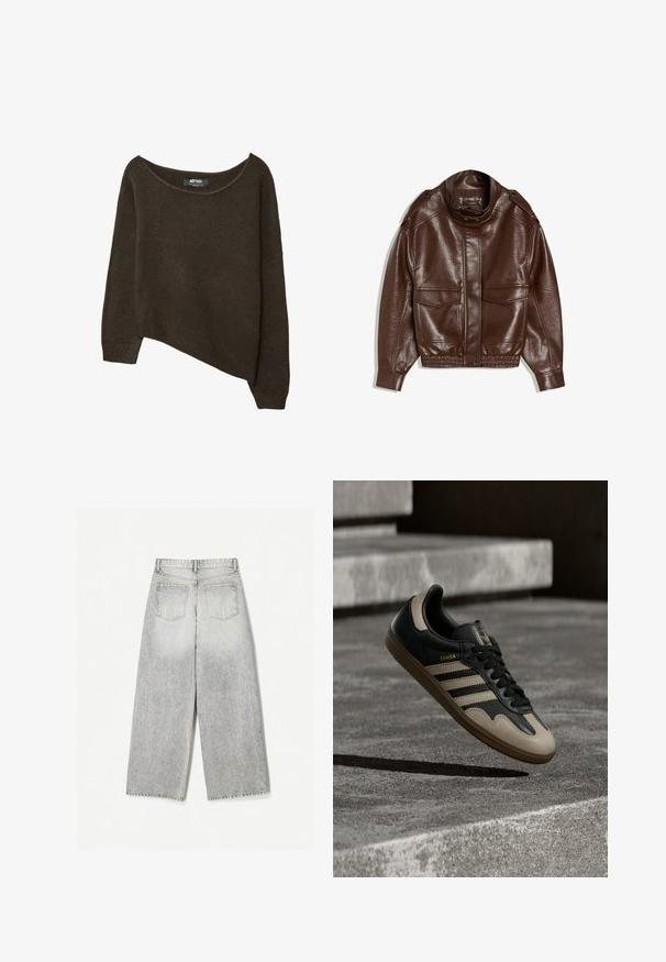 Brun læderjakke med høj krave, lynlås, to forlommer og elastisk kant. Tekstureret finish med diskret glans.; Brun, løst strikket sweater med en asymmetrisk kant og bred halsudskæring. Blød tekstur med ribbede manchetter og et mærke på den indvendige halsudskæring.; Løse grå denim jeans med et falmet udseende, med to baglommer og rå kanter.; Sort og beige lædersneaker med tre hvide striber, tanfarvet gummisål og gyldent "Samba"-detalje på siden.