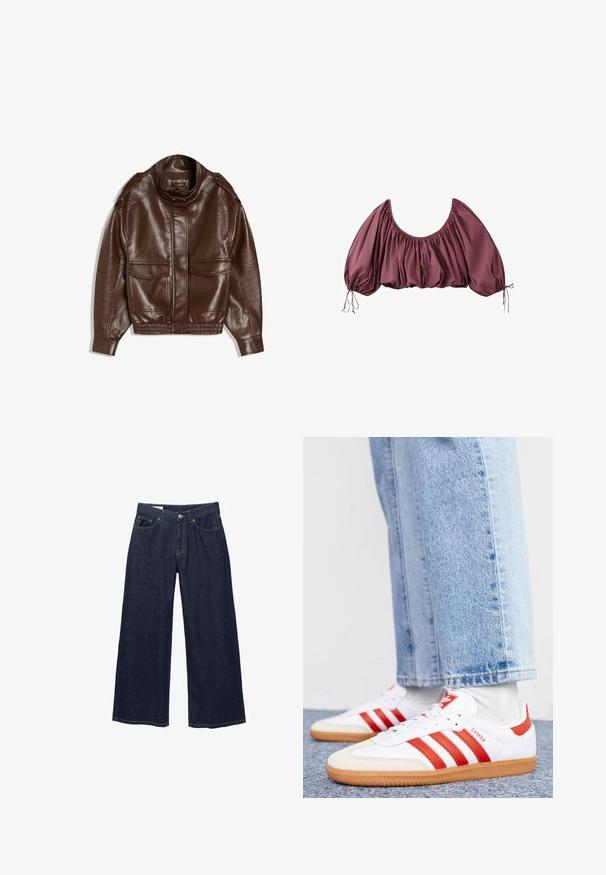 Veste en cuir marron avec un col montant, fermeture éclair, deux poches avant et ourlet élastiqué. Finition texturée avec un léger éclat.; Blouse courte épaules dénudées en mauve foncé, avec tissu froncé et manches bouffantes élastiquées, nouées aux poignets.; Jean en denim bleu foncé à jambes larges avec poches avant, passants pour ceinture et fermeture à bouton.; Baskets en cuir blanc avec des rayures et des accents rouges. Dotées d'une semelle extérieure en gomme texturée et d'un col rembourré. Portées avec un jean en denim bleu clair.