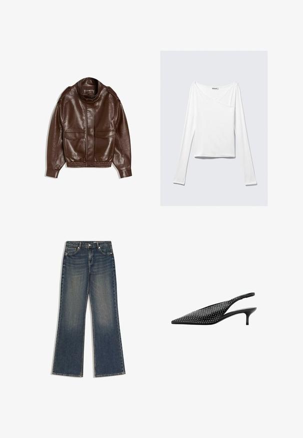Veste en cuir marron avec un col montant, fermeture éclair, deux poches avant et ourlet élastiqué. Finition texturée avec un léger éclat.; Haut blanc à manches longues avec un design croisé et une poche. Fabriqué dans un tissu lisse et extensible. Coupé dans une coupe décontractée et ample.; Jean droit en denim bleu foncé avec poches avant, passants pour ceinture et fermeture par bouton, présentant une légère décoloration sur les cuisses.; Escarpin slingback noir à bout pointu avec petit talon kitten bas et ornements en clous argentés recouvrant la tige.