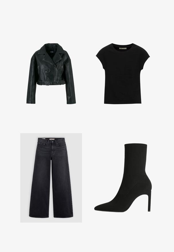 Veste courte de motard noire en similicuir avec fermeture éclair asymétrique, large col, poche à bouton pression et taille ceinturée.; T-shirt noir à manches courtes avec un col rond. Confectionné en coton lisse et extensible. Design simple sans motifs ni graphismes.; Jean noir à jambe large en denim, avec une taille haute, un design à cinq poches et un léger délavage sur le devant.; Bottine noire en suede doux, avec un bout pointu et un talon aiguille haut. Design minimaliste sans matériel ou motifs visibles.