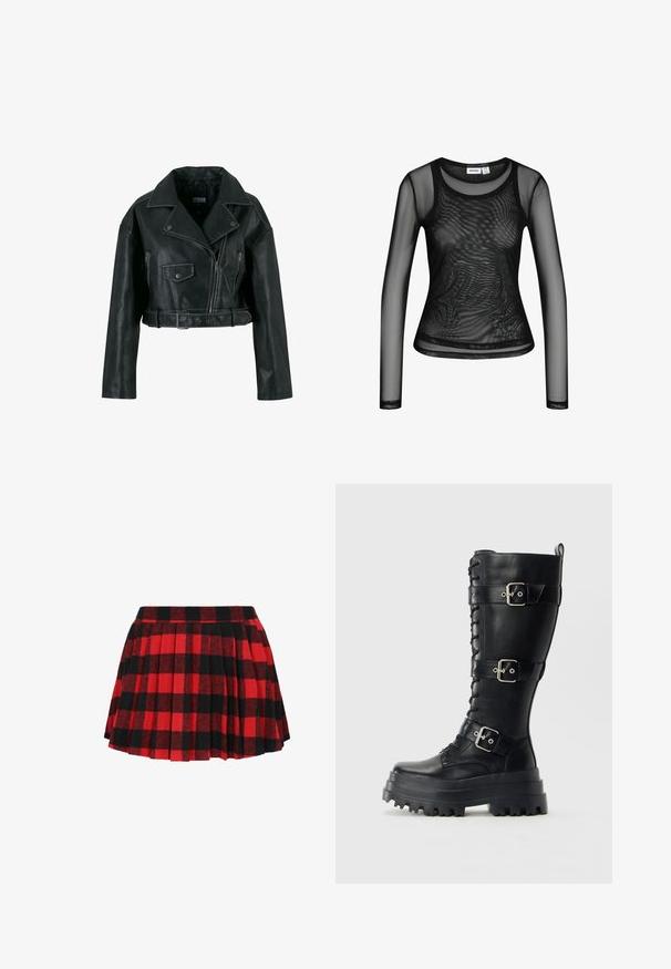 Veste courte de motard noire en similicuir avec fermeture éclair asymétrique, large col, poche à bouton pression et taille ceinturée.; Top noir à manches longues en mesh transparent avec un col rond et une silhouette ajustée, superposé sur un sous-vêtement noir sans manches uni.; Jupe plissée à carreaux rouge et noir avec une taille ajustée, fabriquée en tissu texturé, affichant un motif à carreaux classique.; Botte de combat en cuir noir haute avec semelle à crampons épaisse, trois boucles ajustables et détail de laçage sur le devant, sur fond uni.