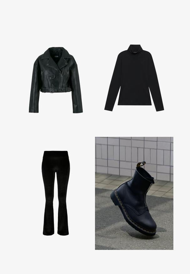 Sort kort faux læder bikerjakke med asymmetrisk lynlås, bred krave, lomme med trykknap og bælte i taljen.; Sort turtleneck med lange ærmer. Blødt stof, tætsiddende design, høj krave og sidesøm. Simpel og alsidig stil, der er velegnet til lag-på-lag.; Sorte bukser med vidde i blødt, velourstof. Høj talje og glat overflade. Designet har en vid cut fra knæet og ned.; Sort læderankelstøvle med lynlås i siden, tekstureret overflade, gule syninger som accent og en gummisål.