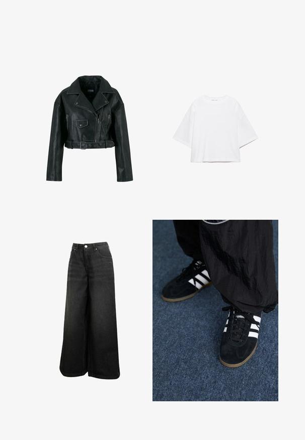 Schwarze, kurze Bikerjacke aus Kunstleder mit asymmetrischem Reißverschluss, weitem Kragen, Druckknopf-Tasche und tailliertem Gürtel.; Weißes, kurzärmeliges, kastiges T-Shirt aus weicher Baumwolle. Es verfügt über einen Rundhalsausschnitt und breite Ärmel mit einem klaren, schlichten Design.; Schwarze weit geschnittene Jeans mit hoher Taille, Frontknopf, Taschen und dezentem Logo auf der Vorder-Tasche.; Schwarze Wildleder-Sportschuhe mit drei weißen Streifen und schwarzen Schnürsenkeln. Eine strukturierte schwarze Hose ist teilweise neben den Schuhen sichtbar.