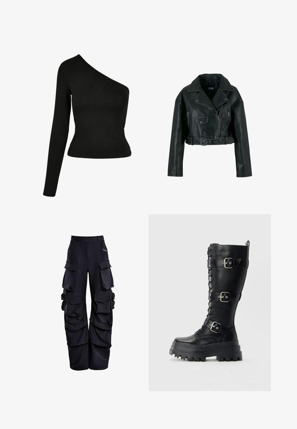 Zwarte cropped motorjack van nep leer met asymmetrische rits, brede kraag, klepzak met drukknop en tailleband met riem.; Zwarte top met lange mouwen en een asymmetrische halslijn. Gemaakt van een gladde stof, met een getailleerd ontwerp en een gebogen zoom. Geen patronen of versieringen.; Zwarte cargobroek van gestructureerde stof, met meerdere grote zakken, een ontspannen pasvorm en geplooide details langs de zijkanten.; Hoge zwarte leren militaire laars met robuuste profielzool, drie verstelbare gespen en een voorste vetersluiting tegen een effen achtergrond.