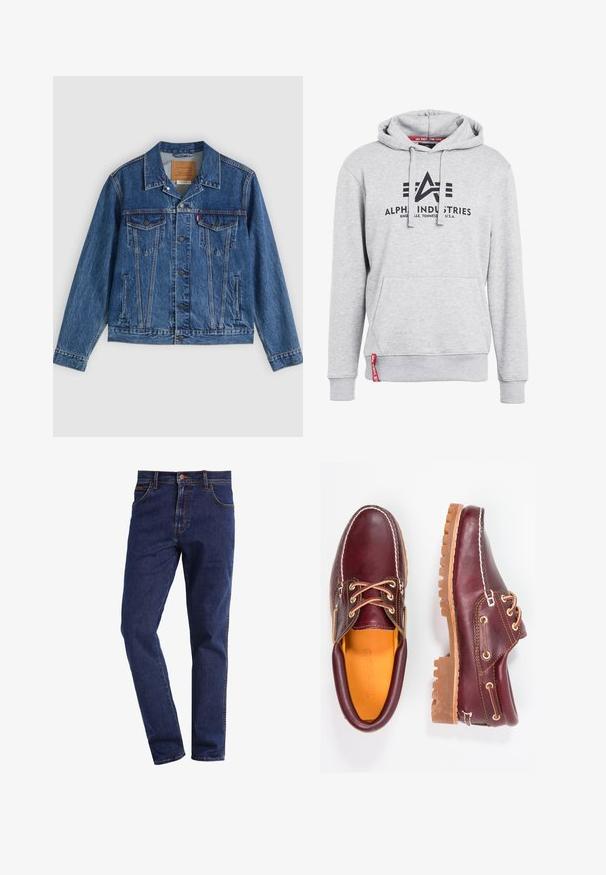 Jeansjacke in Blau mit klassischem Design, ausgestattet mit zwei Brusttaschen, Seitentaschen und metallischen Knöpfen. Markante Steppnähte.; Grauer Baumwollhoodie mit Kängurutasche, verstellbarem Kapuzenzug und schwarzem Logo mit der Aufschrift "ALPHA INDUSTRIES." Gerippte Bündchen und Saum. Rotes Label-Detail.; Dunkelblaue gerade geschnittene Denim-Jeans mit Vordertaschen, Knopfverschluss, Gürtelschlaufen und sichtbaren Nähten.; Bordeauxfarbene Lederschuhe mit braunen Gummisohlen, runder Zehenform, weißen Nähten und goldenen Ösen. Das Innenfutter weist eine gelbe Beschichtung auf.