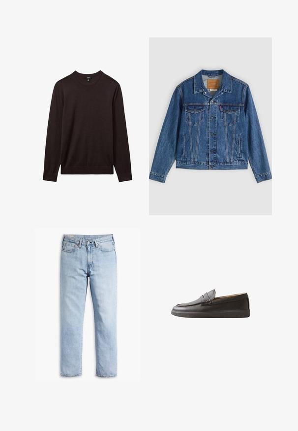 Chaqueta vaquera azul con un diseño clásico, que cuenta con dos bolsillos en el pecho, bolsillos laterales y botones metálicos. Detalles distintivos de costura.; Reiss REISS - Jersey de punto - dark bordeaux; Jeans de mezclilla azul claro con un diseño de pierna recta, estilo de cinco bolsillos y detalles de costura resistente. Presenta un cierre de cremallera y botón de metal.; Mocasín negro de cuero tipo slip-on con acabado texturizado y suela baja de goma, mostrado de lado sobre fondo blanco.