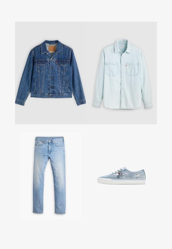 Denimjakke i blå med et klassisk design, der har to brystlommer, sidelommer og metalliske knapper. Karakteristiske syningdetaljer.; Lyseblå denimskjorte med lange ærmer, knaplukning foran, to brystlommer og krave, vist mod en ensfarvet lys baggrund.; Lyseblå denimjeans med lige snit, fem lommer og knaplukning. Har subtilt slid og orange syninger som detaljer.; Lavtopet sneaker i lyseblåt denim med hvid gummisål, hvide snørebånd og dekorative charms, der hænger fra de sideplacerede snørehuller.