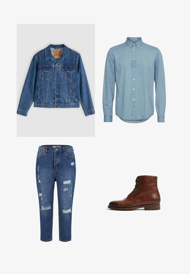 Denimjakke i blå med et klassisk design, der har to brystlommer, sidelommer og metalliske knapper. Karakteristiske syningdetaljer.; Lyseblå denimskjorte med knap-ned krave, lange ærmer og buet kant. Har forkant med hvide knapper.; Blå denimjeans med slidte områder, herunder store huller og frynsede kanter. Har et klassisk fem-lomme design og en knaplukning.; Brune læder ankelstøvler med en rund tå, 6 øjer og en glat tekstureret overflade. Har en lav stablet hæl og kontrasterende syning.