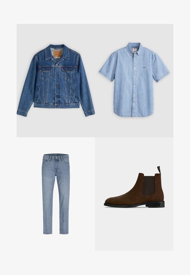 Jeansjacke in Blau mit klassischem Design, ausgestattet mit zwei Brusttaschen, Seitentaschen und metallischen Knöpfen. Markante Steppnähte.; Hellblaues Denim-Kurzarmhemd mit Button-Down-Kragen, vorderen Knöpfen und kleinem Logo auf der linken Brust. Glatte Textur.; Helle blaue Jeans mit geradem Bein, Fünf-Taschen-Design, genähten Nähten und einem Knopfverschluss an der Taille.; Brauner Wildleder-Chelsea-Stiefel mit schwarzen elastischen Seitenpaneelen, schwarzer Gummisohle und Zuglasche auf der Rückseite vor weißem Hintergrund.
