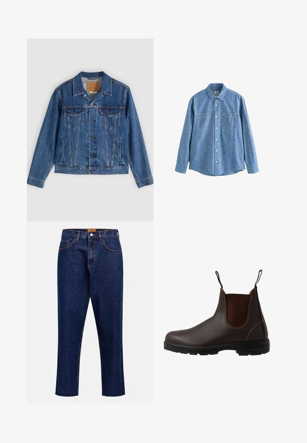 Denimjakke i blå med et klassisk design, der har to brystlommer, sidelommer og metalliske knapper. Karakteristiske syningdetaljer.; Langærmet blå chambray-skjorte med knaplukning foran og to brystlommer, lagt fladt på en hvid baggrund.; Mørkeblå denimjeans med lige snit, høj talje, fem lommer og frynset kant. Kontrastsyning og detalje med knaplukning.; Brun læder Chelsea-støvle med elastisk sidepanel, brun syning, trækstropper og en holdbar gummisål med et tekstureret mønster.