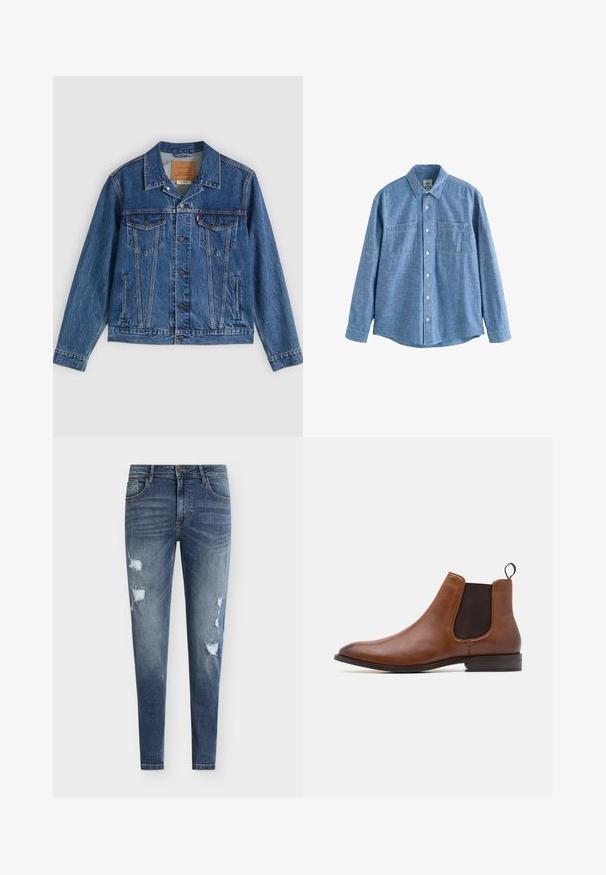 Denimjakke i blå med et klassisk design, der har to brystlommer, sidelommer og metalliske knapper. Karakteristiske syningdetaljer.; Langærmet blå chambray-skjorte med knaplukning foran og to brystlommer, lagt fladt på en hvid baggrund.; Smaltsiddende blå denimjeans med slidte detaljer, flere revner og en falmet vask. Har fem-lomme-design og bæltestropper.; Zign by Zalando LEATHER - Støvletter - cognac