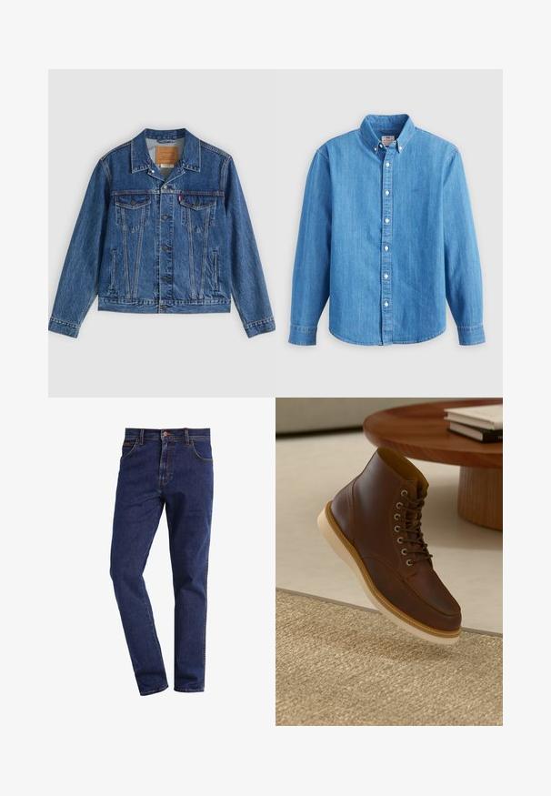 Denimjakke i blå med et klassisk design, der har to brystlommer, sidelommer og metalliske knapper. Karakteristiske syningdetaljer.; Lyseblå denimskjorte med lange ærmer, knap-ned krave og hvide knapper. Har et lille broderet logo på brystet.; Mørkeblå straight-leg denimbukser med frontlommer, knaplukning, bæltestropper og synlig syning.; Brune læderankelstøvle med beige sål på et struktureret beige tæppe ved siden af et rundt træbord med stakke af bøger.
