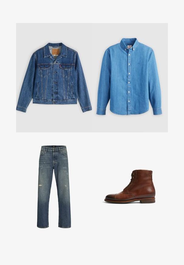 Chaqueta vaquera azul con un diseño clásico, que cuenta con dos bolsillos en el pecho, bolsillos laterales y botones metálicos. Detalles distintivos de costura.; Camisa de mezclilla azul claro con mangas largas, cuello abotonado y botones blancos. Presenta un pequeño logo bordado en el pecho.; Vaqueros de mezclilla azul con un diseño de pierna recta, que presentan un ligero desgaste, una cinturilla estándar con cierre de botón y cinco bolsillos.; Botas de tobillo de cuero marrón con punta redondeada, 6 ojetes y un acabado de textura suave. Presentan un tacón bajo apilado y costuras en contraste.