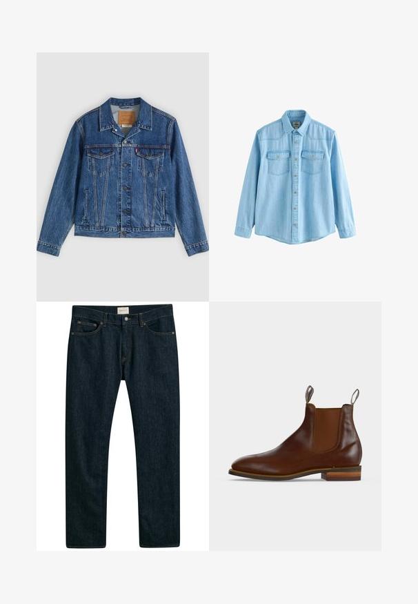 Jeansjacke in Blau mit klassischem Design, ausgestattet mit zwei Brusttaschen, Seitentaschen und metallischen Knöpfen. Markante Steppnähte.; Hellblaues langärmeliges Jeanshemd mit Knopfleiste vorne und zwei Brusttaschen mit Knopflaschenklappen.; Dunkelblaue Denims mit geradem Bein, fünf Taschen-Stil und Kontrastnähten an den Nähten. Glatte Stofftextur.; Brauner Leder-Chelsea-Stiefel mit elastischen Seitenteilen, Zuglaschen vorne und hinten sowie gestapeltem Holzabsatz.