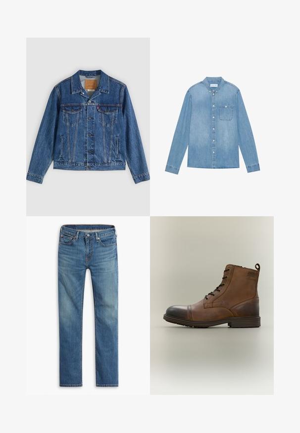 Denimjakke i blå med et klassisk design, der har to brystlommer, sidelommer og metalliske knapper. Karakteristiske syningdetaljer.; Lys blå denim skjorte med knapper, lange ærmer, spids krave, en enkelt brystlomme og subtil falmning på stoffet.; Blå straight-leg denim jeans med frontknap og lynlåslukning, fem-lomme design og subtilt falmede områder på lår og knæ.; Brun læderstøvle med snørebånd, sort tåhætte, rund sål og mærket detalje på siden mod ensfarvet baggrund.