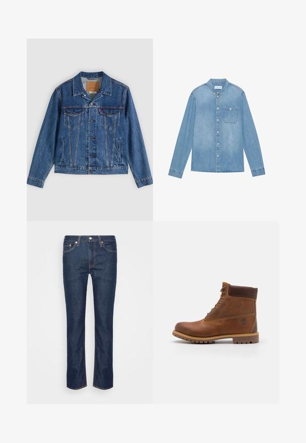 Spijkerjasje in blauw met een klassiek ontwerp, voorzien van twee borstzakken, zijzakken en metalen knopen. Kenmerkende stiksel-details.; Lichtblauw denim overhemd met knopen, lange mouwen, spitse kraag, één borstzak en subtiele vervaging op de stof.; Donkerblauwe rechte spijkerbroek met oranje stiksels, vijf zakken en een ritssluiting met knoop aan de voorkant.; Bruine leren wandelschoen met een gladde afwerking, gevoerde enkel, metalen oogjes en een rubberen zool met een robuust profiel.