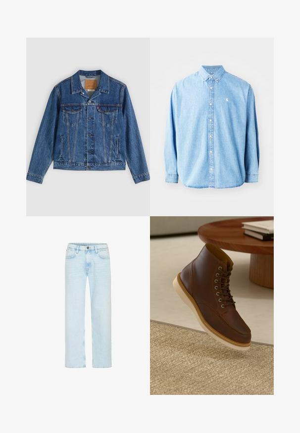 Chaqueta vaquera azul con un diseño clásico, que cuenta con dos bolsillos en el pecho, bolsillos laterales y botones metálicos. Detalles distintivos de costura.; Camisa de mezclilla azul claro, con botones y mangas largas, cuello puntiagudo y un pequeño logotipo en el lado izquierdo del pecho. Presenta un corte relajado y un diseño clásico.; Los jeans de denim azul claro cuentan con un diseño de pierna recta, con un cierre de botón clásico, cinco bolsillos y un ligero desgastado para aportar textura.; Botín de cuero marrón con suela beige sobre una alfombra beige texturizada al lado de una mesa redonda de madera con libros apilados.