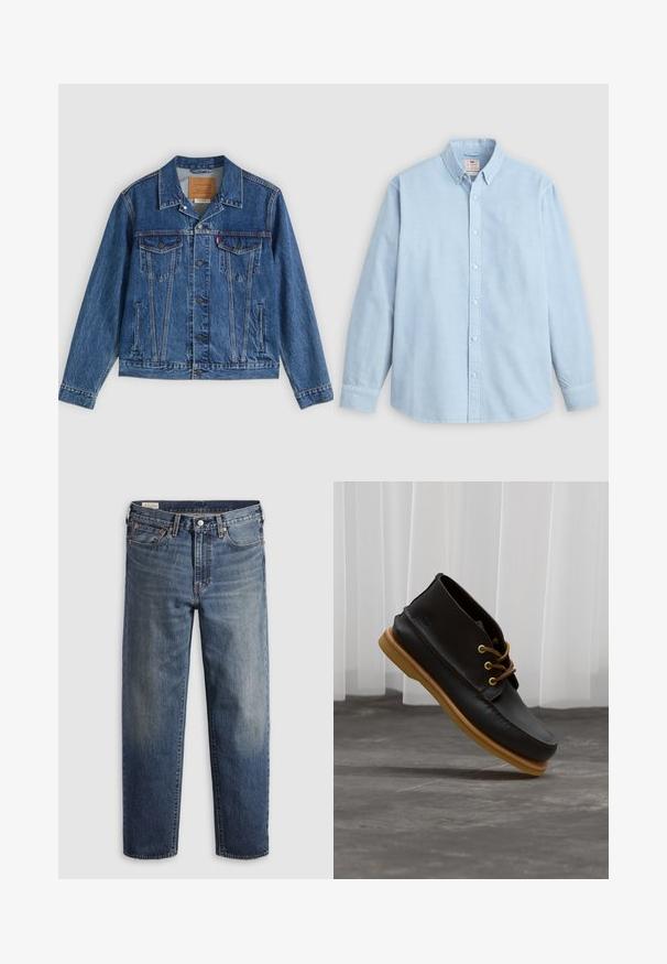 Jeansjacke in Blau mit klassischem Design, ausgestattet mit zwei Brusttaschen, Seitentaschen und metallischen Knöpfen. Markante Steppnähte.; Hellblaues Hemd mit langem Arm, Knopfleiste, Button-Down-Kragen und einer einzelnen Brusttasche, flach liegend auf grauem Hintergrund.; Dunkelblaue Jeans aus Denim mit lockerem Sitz, geraden Beinen, Fünf-Taschen-Design und dezentem Used-Look an den Oberschenkeln. Silberner Knopf und Nieten.; Schwarze Lederschuhe mit glatter Oberfläche, runder Zehenform, braunen Schnürsenkeln und hellbraunen Gummisohlen. Logo an der Seite geprägt.