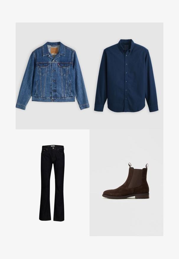 Denimjakke i blå med et klassisk design, der har to brystlommer, sidelommer og metalliske knapper. Karakteristiske syningdetaljer.; Herre navy blå langærmet knappet skjorte med krave på ensartet lys baggrund.; Mørkeblå bukseskær med flared fit lavet af denim med en glat tekstur. Har fem lommer, messingbeslag og kontrastsygning.; Brune ruskinds Chelsea-støvle med elastiske sidepaneler, løkke-hæftesystem, rund tå og en lav stablet hæl. Struktureret finish tilføjer detaljer.