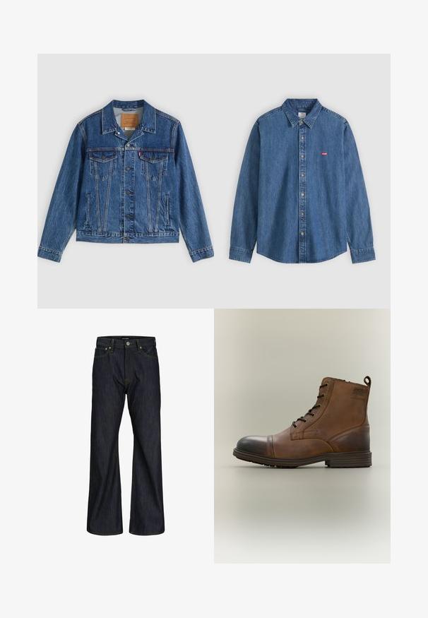 Veste en jean bleue au design classique, comportant deux poches poitrine, des poches latérales et des boutons métalliques. Détails de coutures distinctifs.; Chemise en jean bleu à manches longues avec col et boutons beige, avec un petit logo rouge Levi's sur la poitrine gauche.; Jeans bleu foncé à coupe droite avec cinq poches, fermeture par bouton et couture orange visible sur la taille et les coutures.; Botte cheville en cuir marron à lacets avec bout noir, semelle ronde et détail de marque sur le côté sur fond uni.