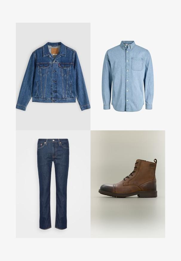 Spijkerjasje in blauw met een klassiek ontwerp, voorzien van twee borstzakken, zijzakken en metalen knopen. Kenmerkende stiksel-details.; Lichtblauw denim overhemd met knopen, lange mouwen, een kraag, een borstzakje en een subtiele textuur. Voorzien van witte knopen langs het knoopsluiting.; Donkerblauwe rechte spijkerbroek met oranje stiksels, vijf zakken en een ritssluiting met knoop aan de voorkant.; Bruine leren enkellaars met veters, zwarte neuskap, ronde zool en merkdetail aan de zijkant tegen een effen achtergrond.