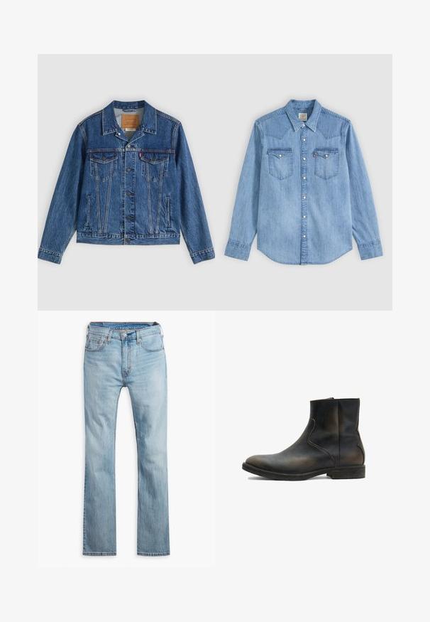 Veste en jean bleue au design classique, comportant deux poches poitrine, des poches latérales et des boutons métalliques. Détails de coutures distinctifs.; Chemise en denim bleu clair à manches longues, col pointu, deux poches poitrine avec rabats et boutons pression blancs à l'avant.; Jean en denim bleu clair, design à jambe droite, avec cinq poches, surpiqûres contrastantes et fermeture à bouton à la taille.; AllSaints LANG - Bottines - brown