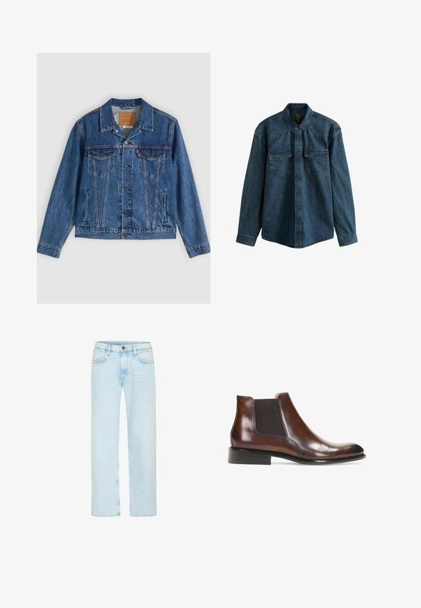 Denimjakke i blå med et klassisk design, der har to brystlommer, sidelommer og metalliske knapper. Karakteristiske syningdetaljer.; Mørkeblå denimskjorte med lange ærmer, spids krave og to frontlommer med trykknapslukninger. Strukturert stof.; Lyseblå denim jeans har et lige ben-design med en klassisk knaplukning, fem lommer og subtilt slid for tekstur.; Brun læder ankelstøvle med elastiske sidepaneler, en glat overflade, stikninger og en lav rektangulær hæl.