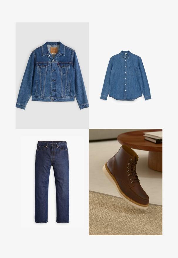 Denimjakke i blå med et klassisk design, der har to brystlommer, sidelommer og metalliske knapper. Karakteristiske syningdetaljer.; Blå denim langærmet skjorte med spids krave, hvide knapper, én brystlomme og lige kant. Jævn tekstur og medium vægt.; Mørkeblå straight-leg denim jeans med frontknap, lynlås, fem lommer og detaljer i kobbernitter.; Brune læderankelstøvle med beige sål på et struktureret beige tæppe ved siden af et rundt træbord med stakke af bøger.