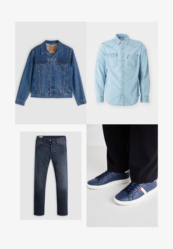 Chaqueta vaquera azul con un diseño clásico, que cuenta con dos bolsillos en el pecho, bolsillos laterales y botones metálicos. Detalles distintivos de costura.; Camisa de denim azul clara de manga larga con cuello puntiagudo, dos bolsillos en el pecho, botones de presión plateados y costuras en contraste. Textura suave.; Jeans de mezclilla azul oscuro con corte recto, que cuentan con cremallera, botones metálicos y acentos de remaches de cobre. Textura suave, sin patrones visibles.; Zapatillas de deporte azul marino hechas de material sintético suave, con acentos blancos y una suela de goma texturizada. Cordones y marca visibles.